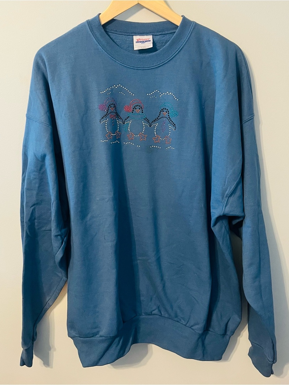 Vintage Studded Penguin Crewneck Sz XL Slate Blue Sweatshirt Winter Christmas